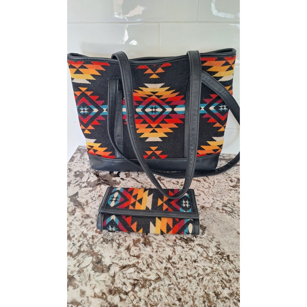 Pendleton Southwestern Wool Leather Tote Bag and Wallet Set Black Orange Red